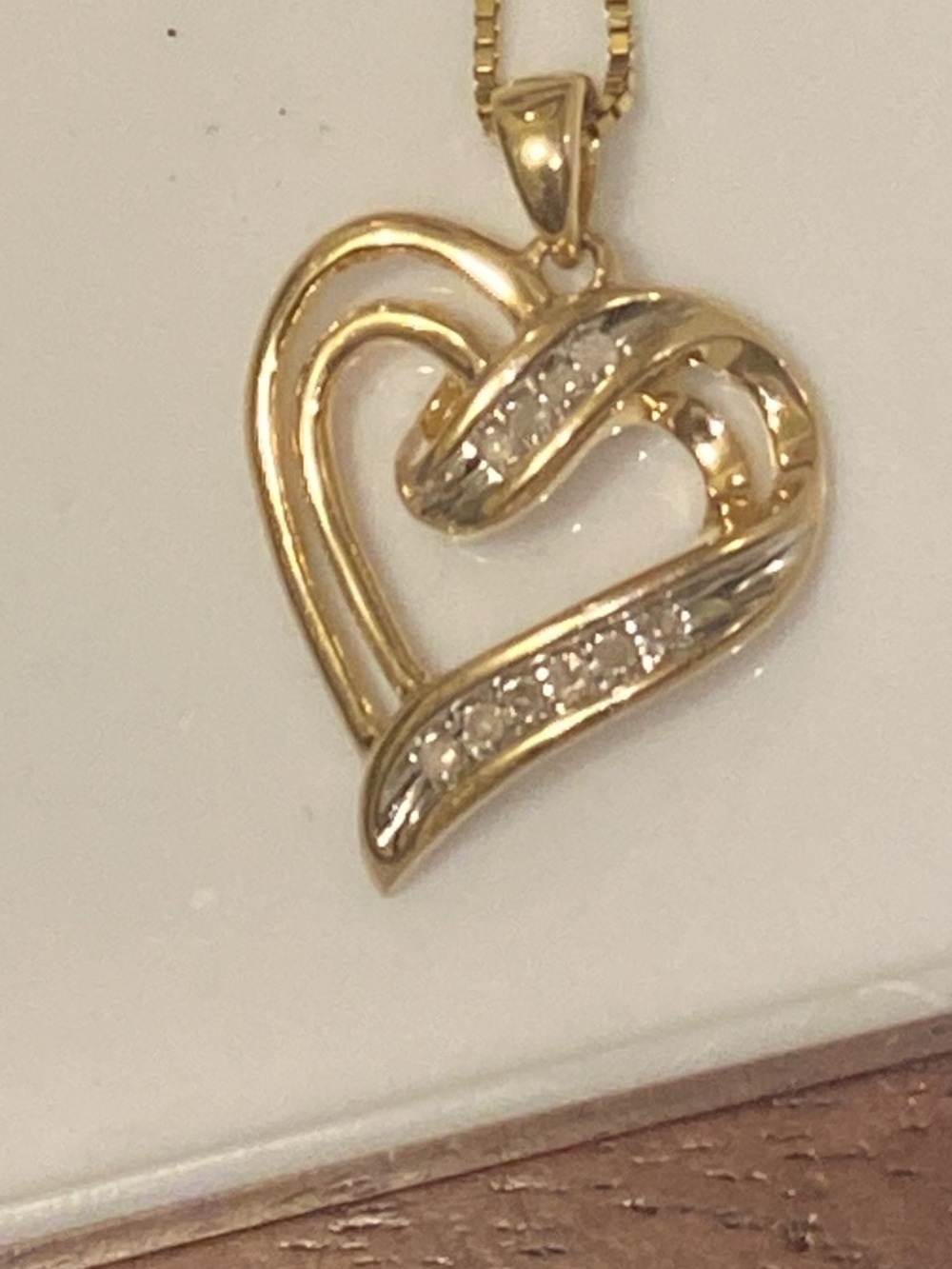 10K Solid Yellow Gold Diamond Ribbon Heart Pendant with Diamond Accents. - Picture 8 of 16